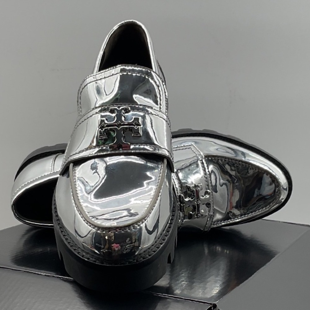 Tory Burch Metallic Silver Lug Sole‎ Loafers Double T Logo Platform Shoes 6M